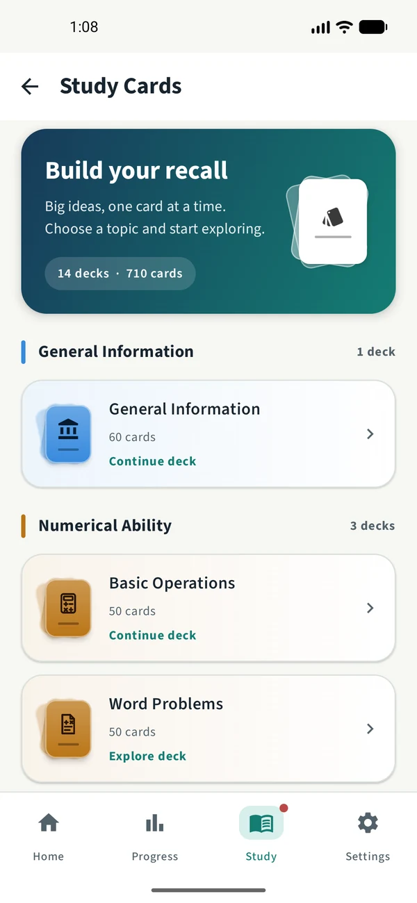 Study Cards screen listing decks for General Information and Numerical Ability