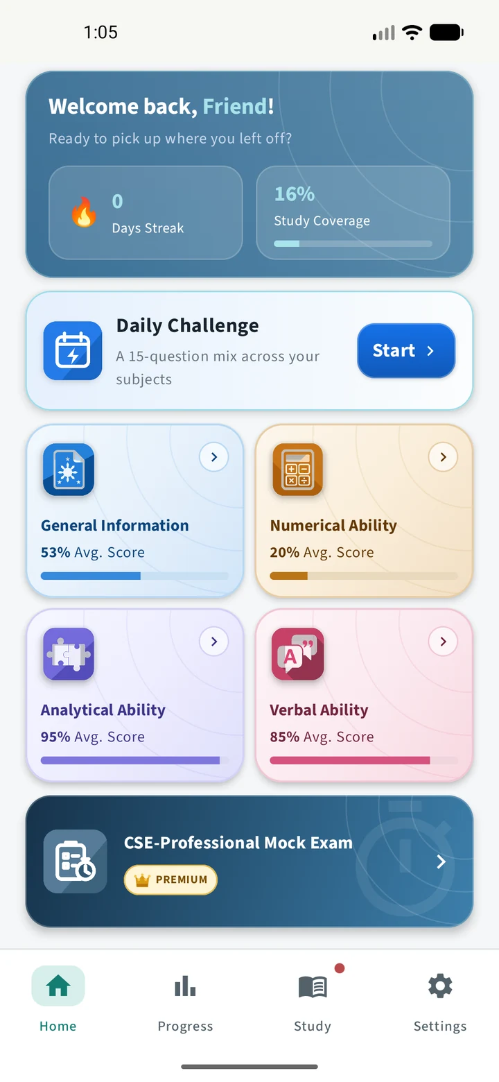 TOPNOTCHER CSE Reviewer home screen with the Daily Challenge, four subjects, and the CSE-Professional mock exam