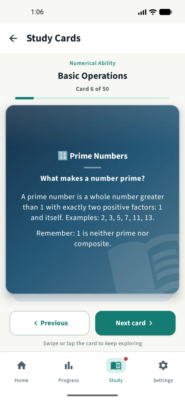 Basic Operations study card explaining prime numbers