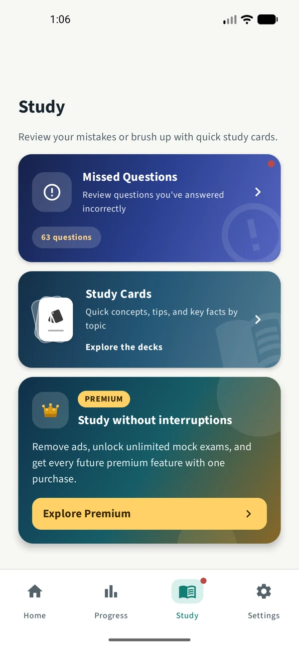 Study screen with Missed Questions, Study Cards, and Premium
